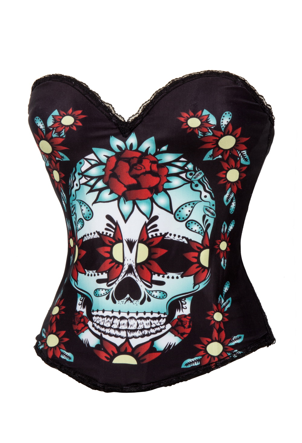 F66372 Sugar Skull Corset Top Multi-Colour With Skull & Flowers